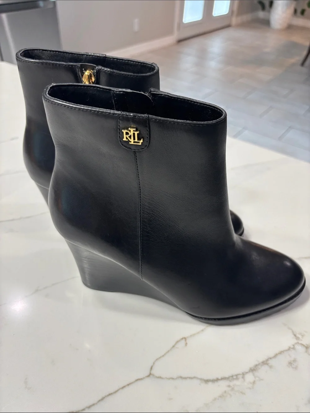 Ralph Lauren Black Leather Wedge Booties with Gold Logo